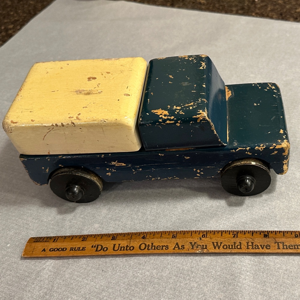 Vintage Wooden Toy Truck in Blue and Yellow